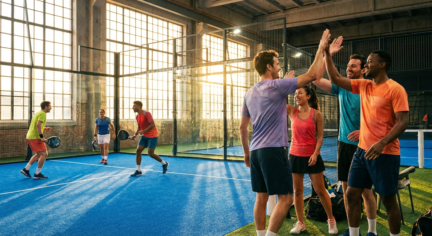 Players high-fiving during an Americano padel tournament on an indoor court with golden hour lighting