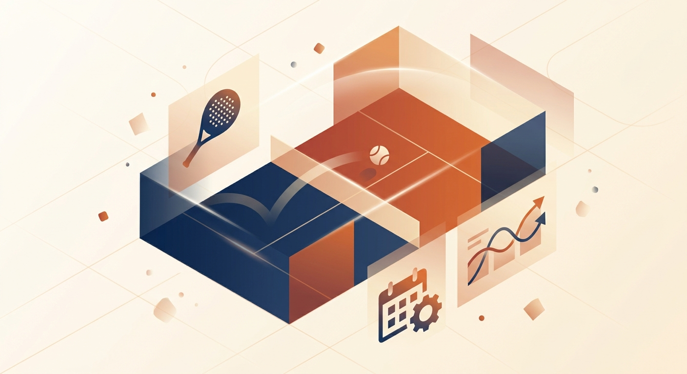 Padel league leaderboard on a screen with players competing on courts in the background