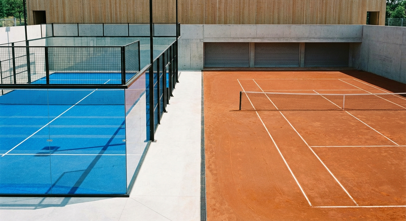 Modern padel court with glass walls next to a clay tennis court, architectural comparison view