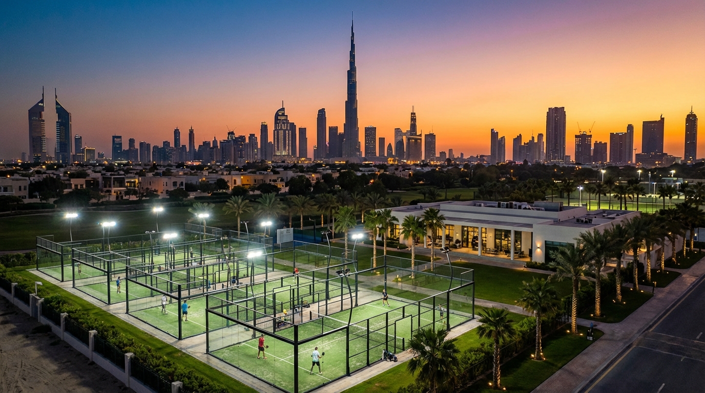 Aerial view of padel courts in Dubai at sunset with city skyline