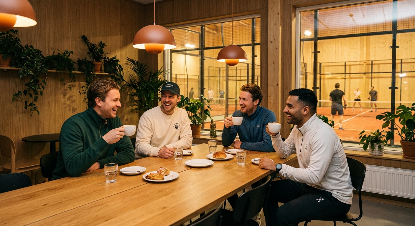 Padel players socializing in a modern club lounge with illuminated courts visible through windows