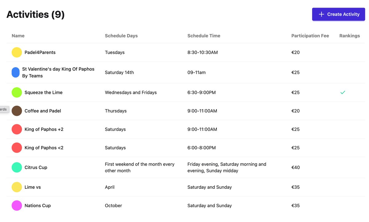 SmashClub Activities dashboard showing corporate league events with schedules and fees