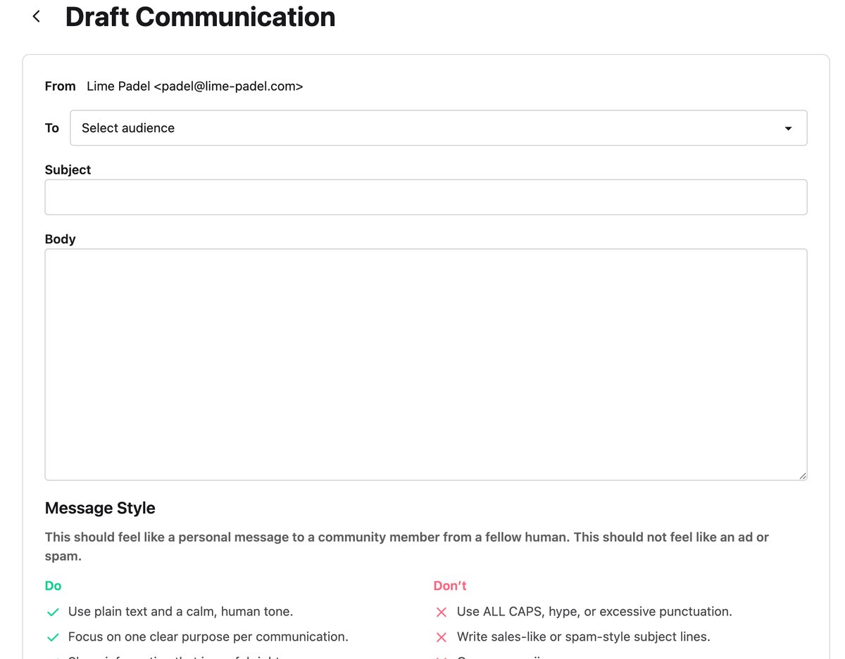 SmashClub Draft Communication editor with message style guidelines for natural, human-feeling messages