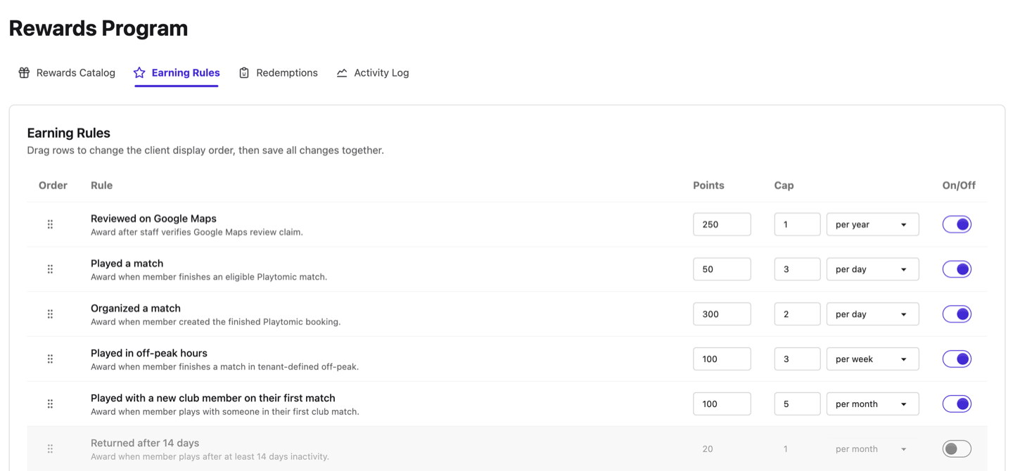 SmashClub admin panel for configuring earning rules: per-game points, daily caps, time-of-day multipliers, and event toggles