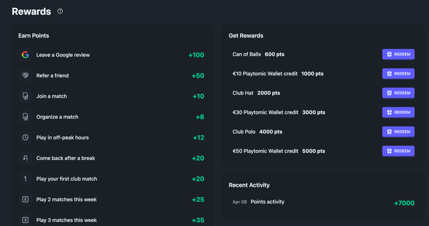 SmashClub player rewards portal showing earning rules, redemption catalog, and recent activity feed