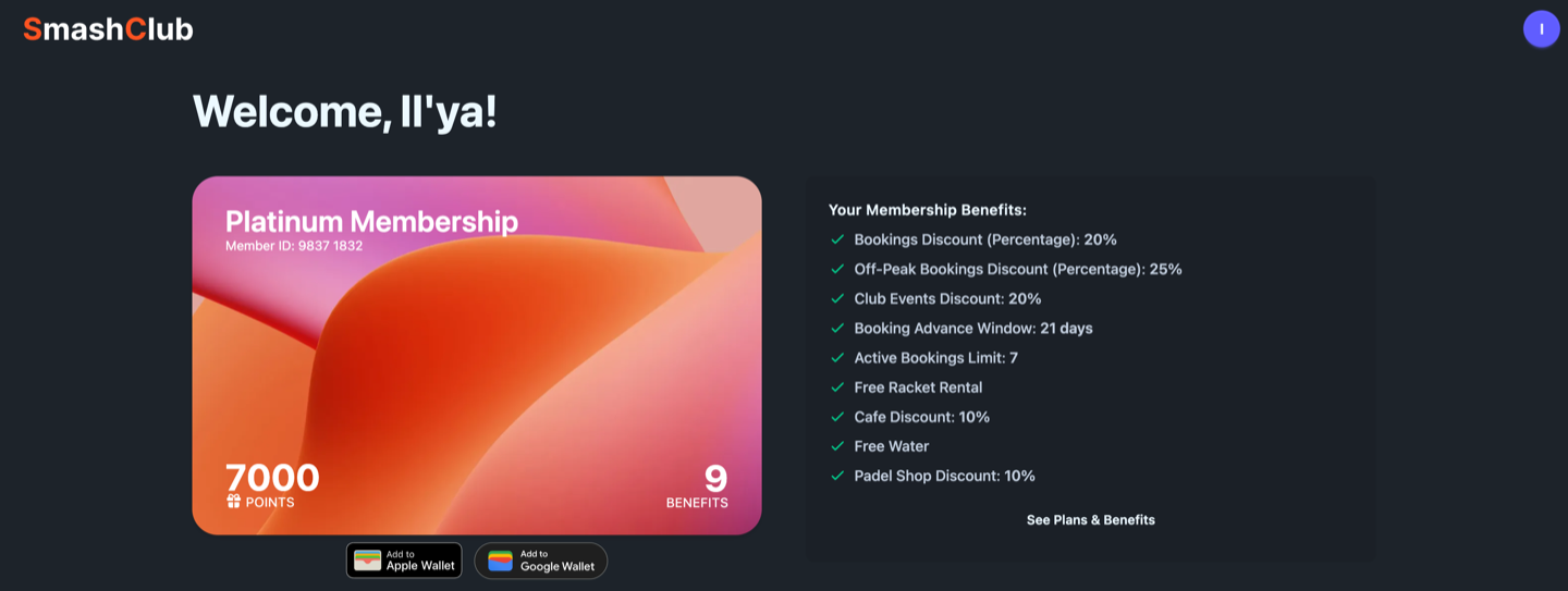 Player member dashboard with Platinum tier card, points balance, and tier benefits list