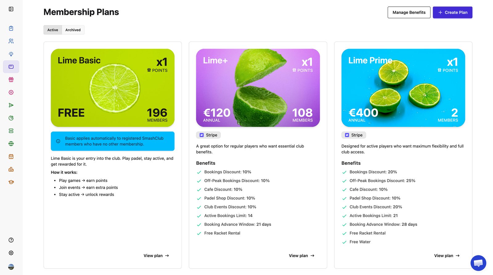 Planes de membresía en la consola de administración de SmashClub: un plan Basic gratuito con 196 socios y dos planes anuales cobrados con Stripe con 108 y 2 socios, cada uno con sus beneficios