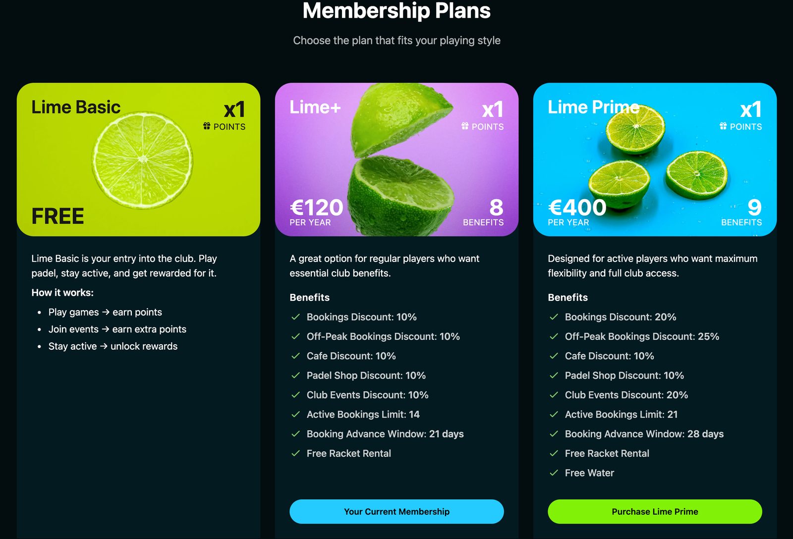 Página de planes de membresía en la app SmashClub de un club: un plan Basic gratuito y dos planes anuales de pago con sus beneficios y un botón de compra