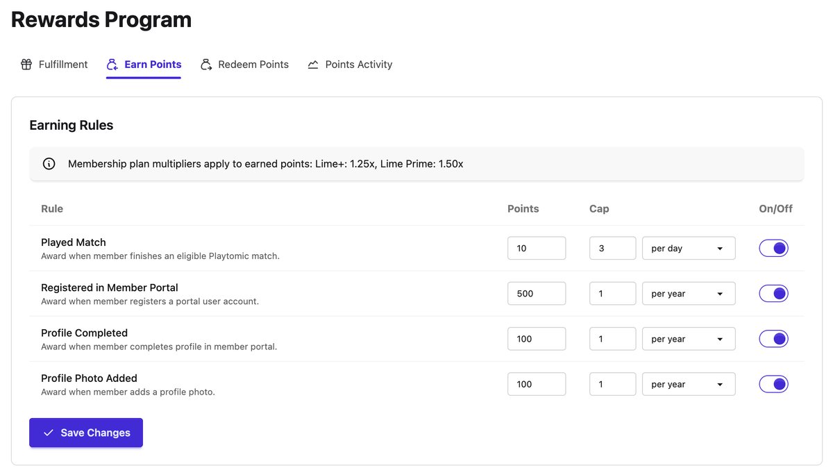 SmashClub Rewards Program — configurable earning rules for points, with caps and multipliers