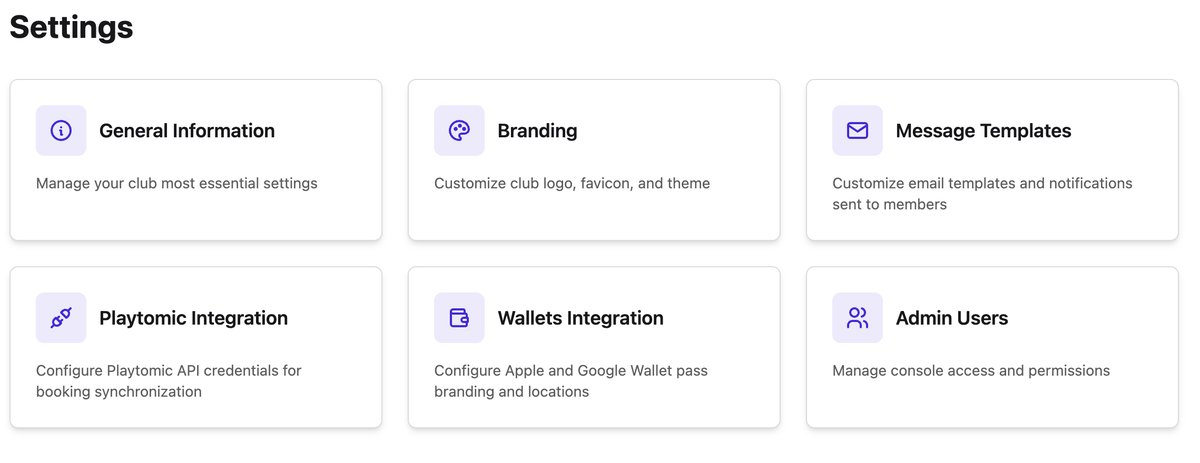 SmashClub Settings dashboard showing Playtomic Integration, Branding, and Message Templates configuration