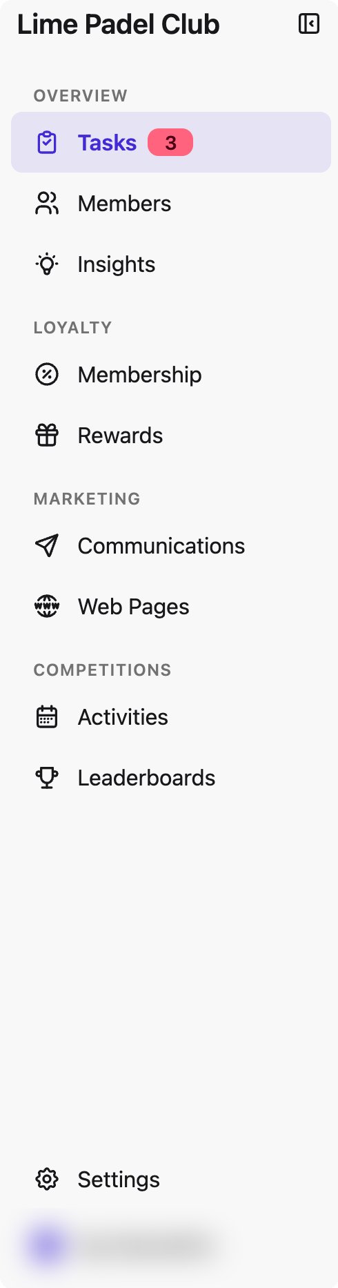 SmashClub dashboard sidebar showing all modules — Members, Insights, Membership, Rewards, Communications, Activities, Leaderboards
