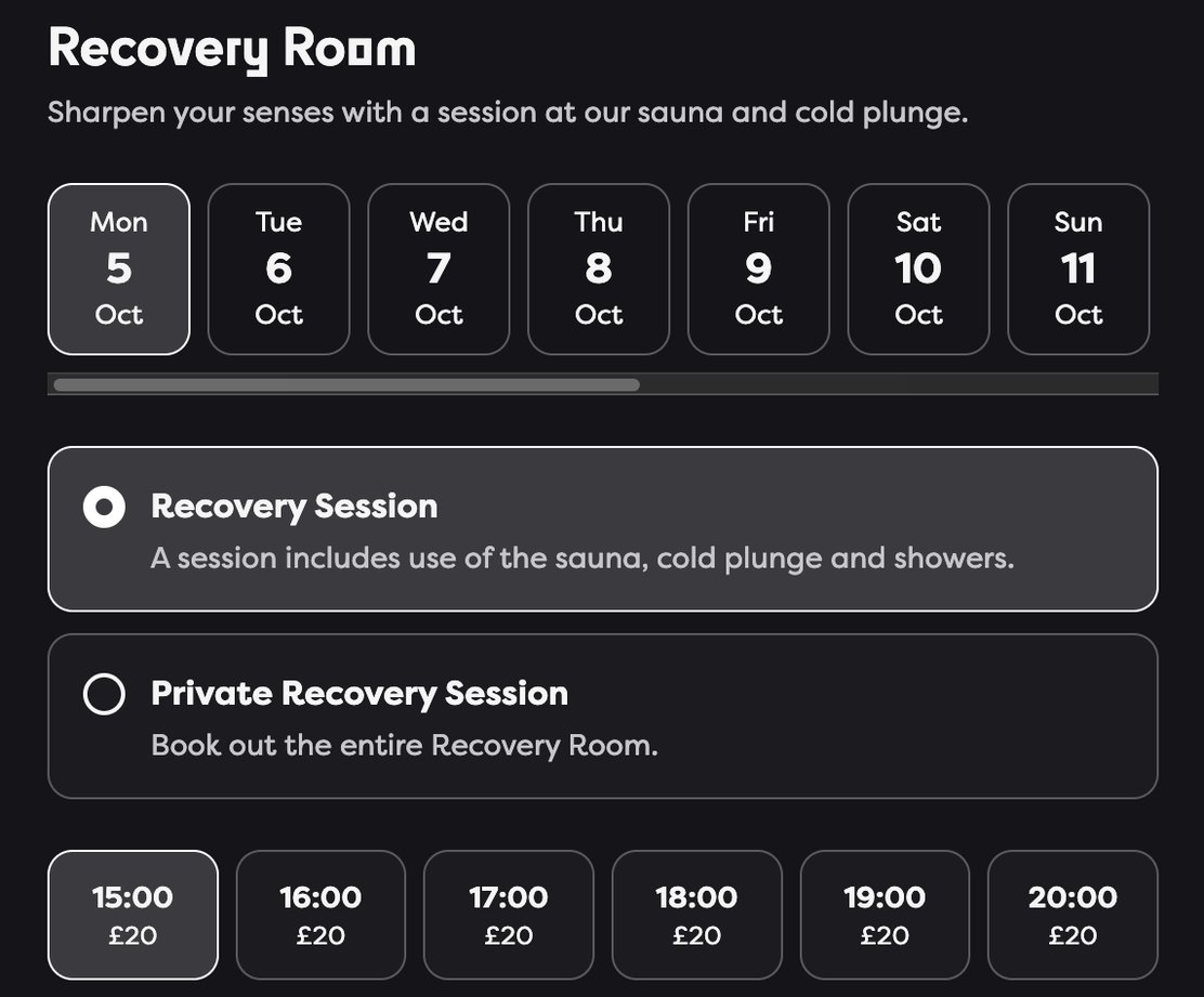 Member view: choose a date, a booking option and a paid time slot for the Recovery Room