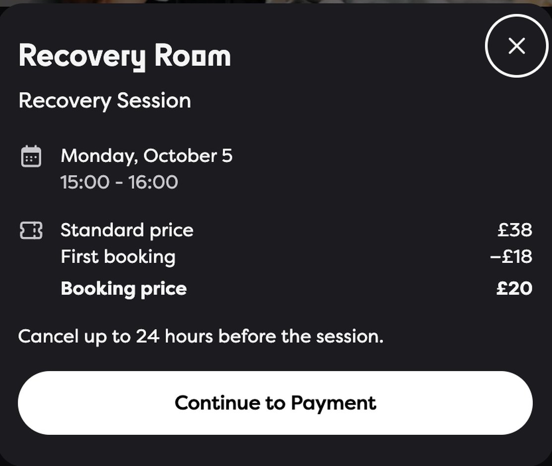 Booking summary before payment: date, time, standard price, discount, booking price and cancellation deadline