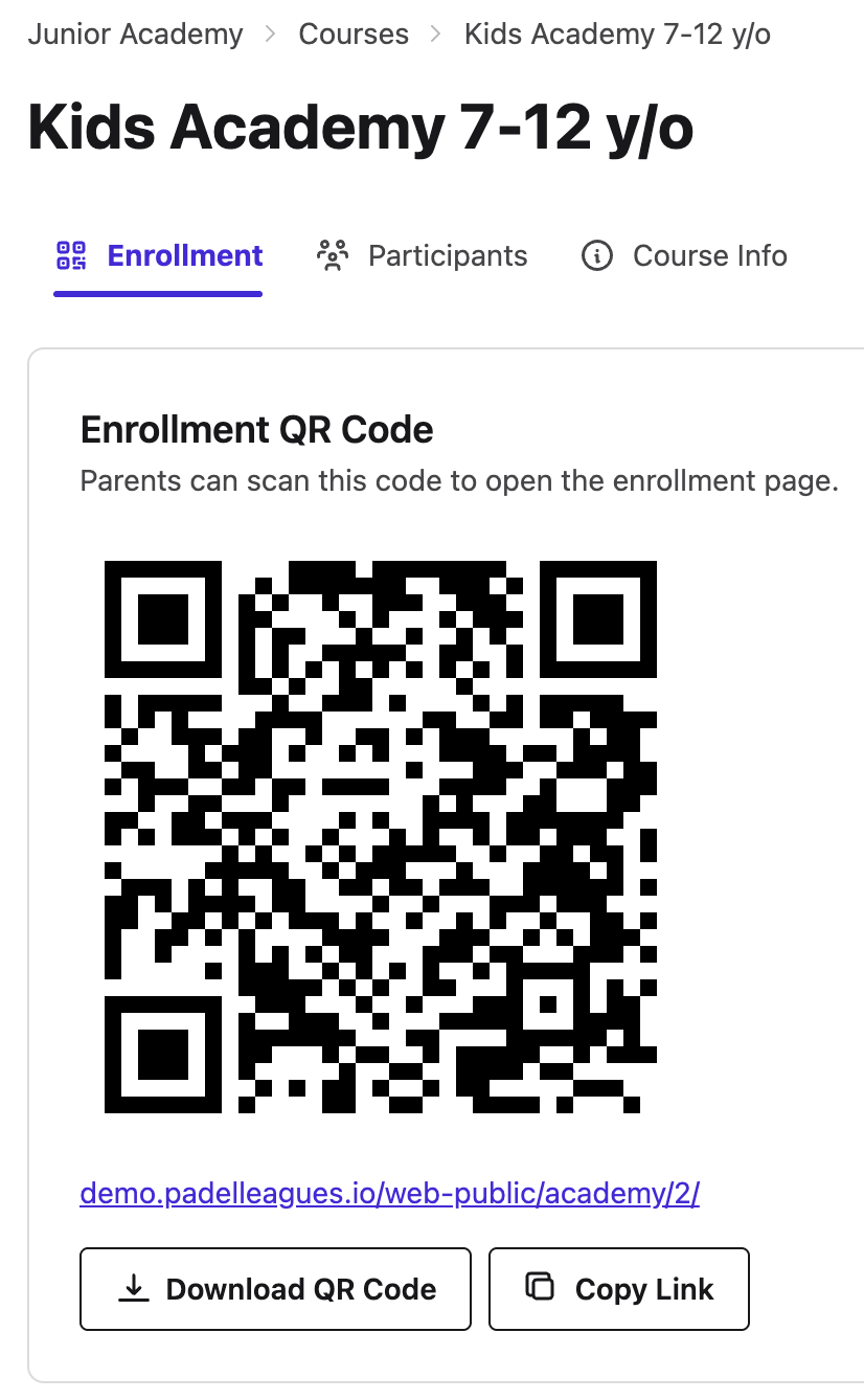 Junior Academy enrollment screen with a course QR code, downloadable code and shareable link