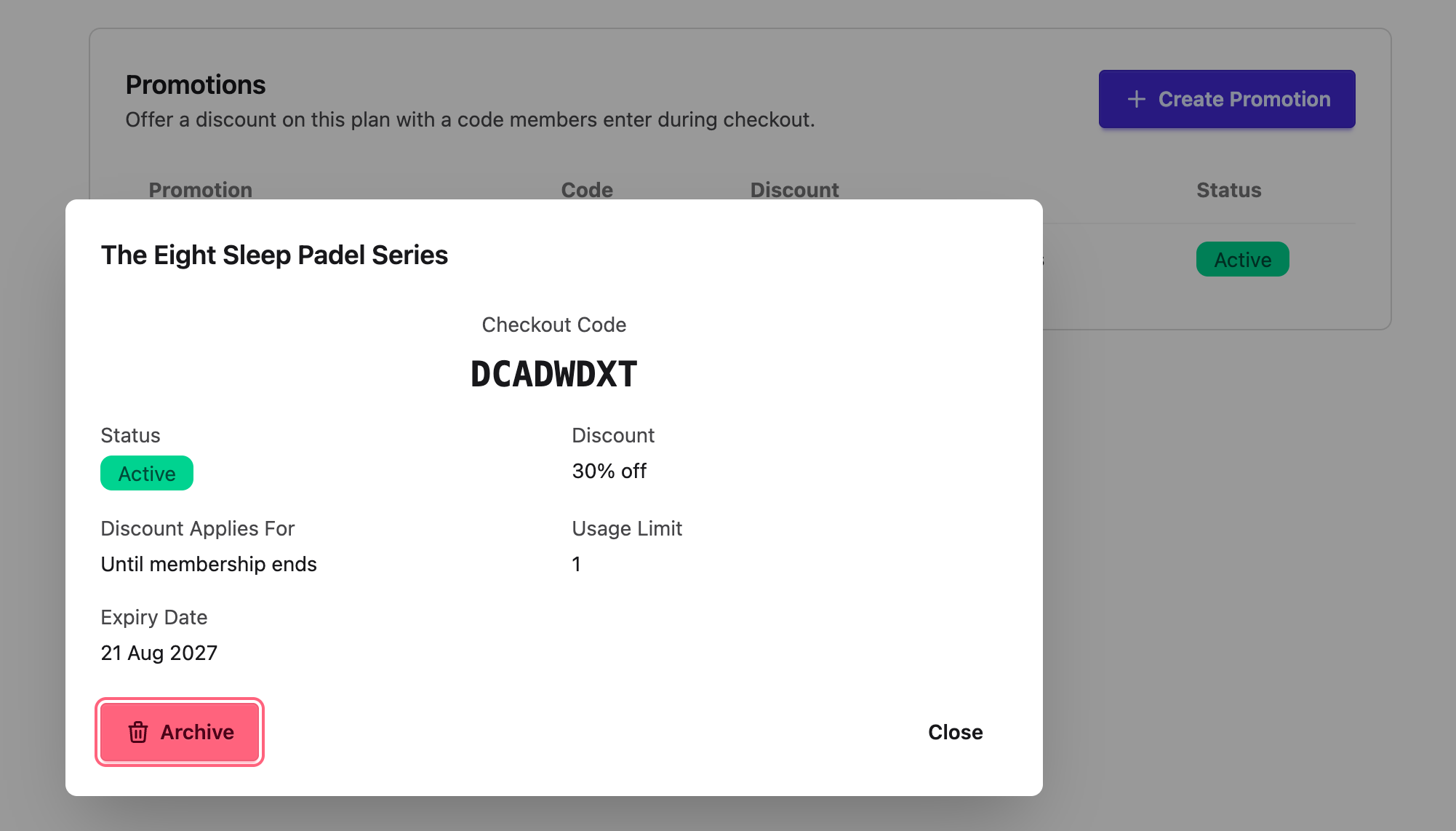 Membership promotion details and checkout code in SmashClub